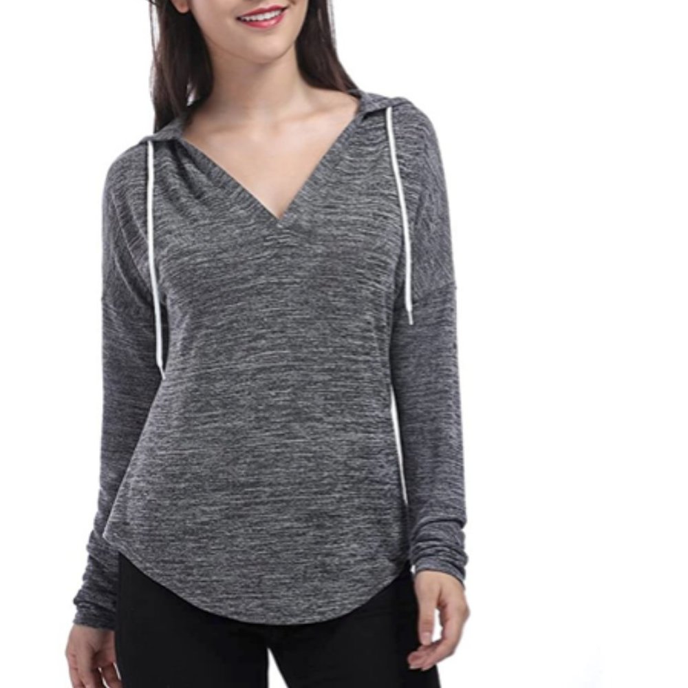 Women's Long Sleeve Hooded Deep V-Neck Shirt Gray Cotton Polyester Small NEW